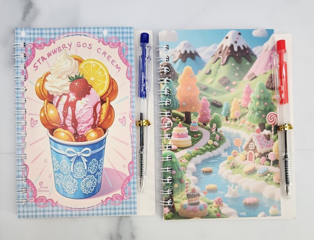 2 Spiral Pocket Notebook/Pen Ice Cream Cup & Candyland 4x5.5" Journal or Diary